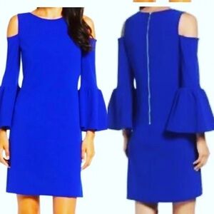 Eliza J beautiful blue dress with cold shoulders and bell sleeves